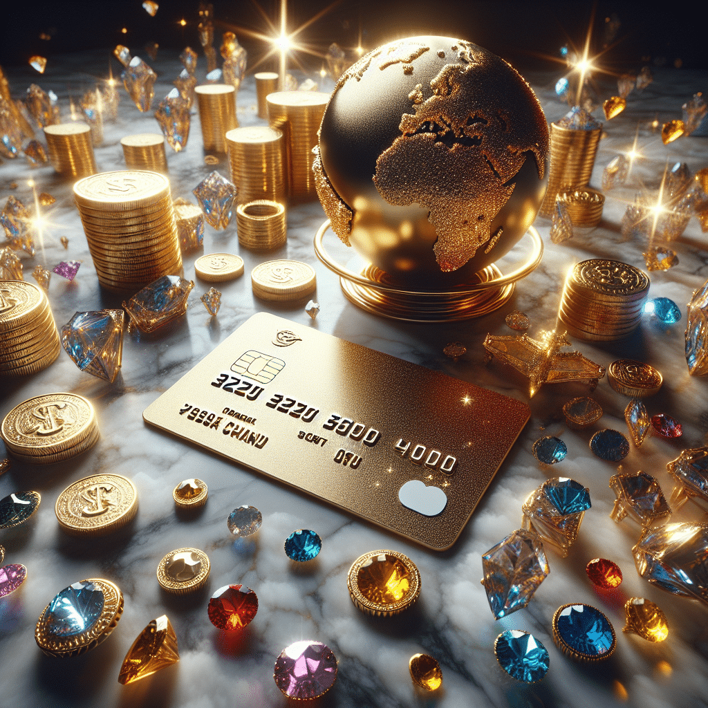 A luxury and sophisticated credit card placed on a marble surface, surrounded by symbols of wealth like gold coins, jewels, and a globe to represent travel benefits.