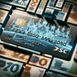 Design a modern and appealing credit card overlaying a background made of Norwegian currency notes, highlighting the concept of saving money in 2025.