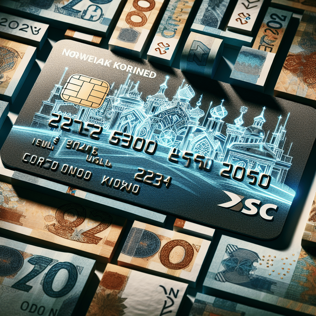 Design a modern and appealing credit card overlaying a background made of Norwegian currency notes, highlighting the concept of saving money in 2025.