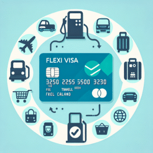 En illustrasjon som viser et Flexi Visa kredittkort med symboler for drivstoff, reise og shopping rundt.
