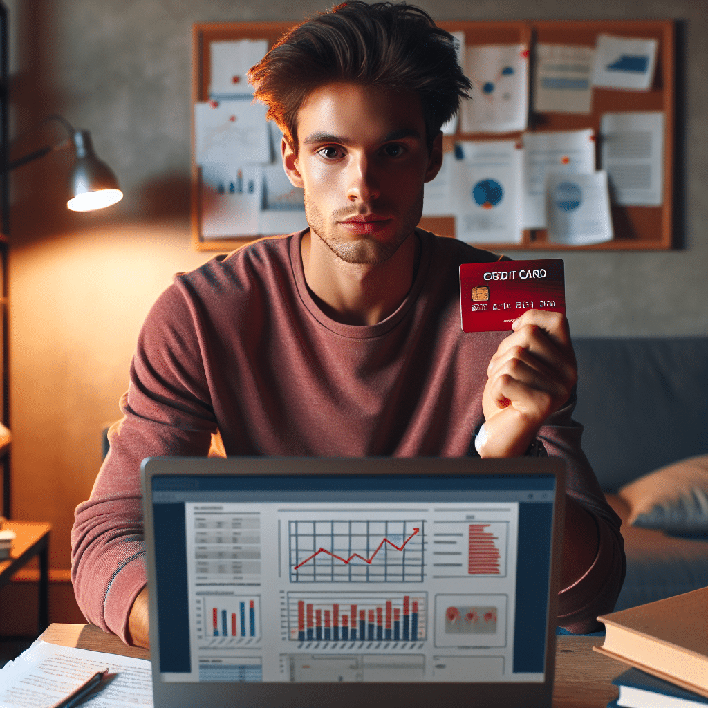 En ung student som holder et Santander Red kredittkort mens de ser på sin laptop med økonomiske grafer og planer på skjermen.