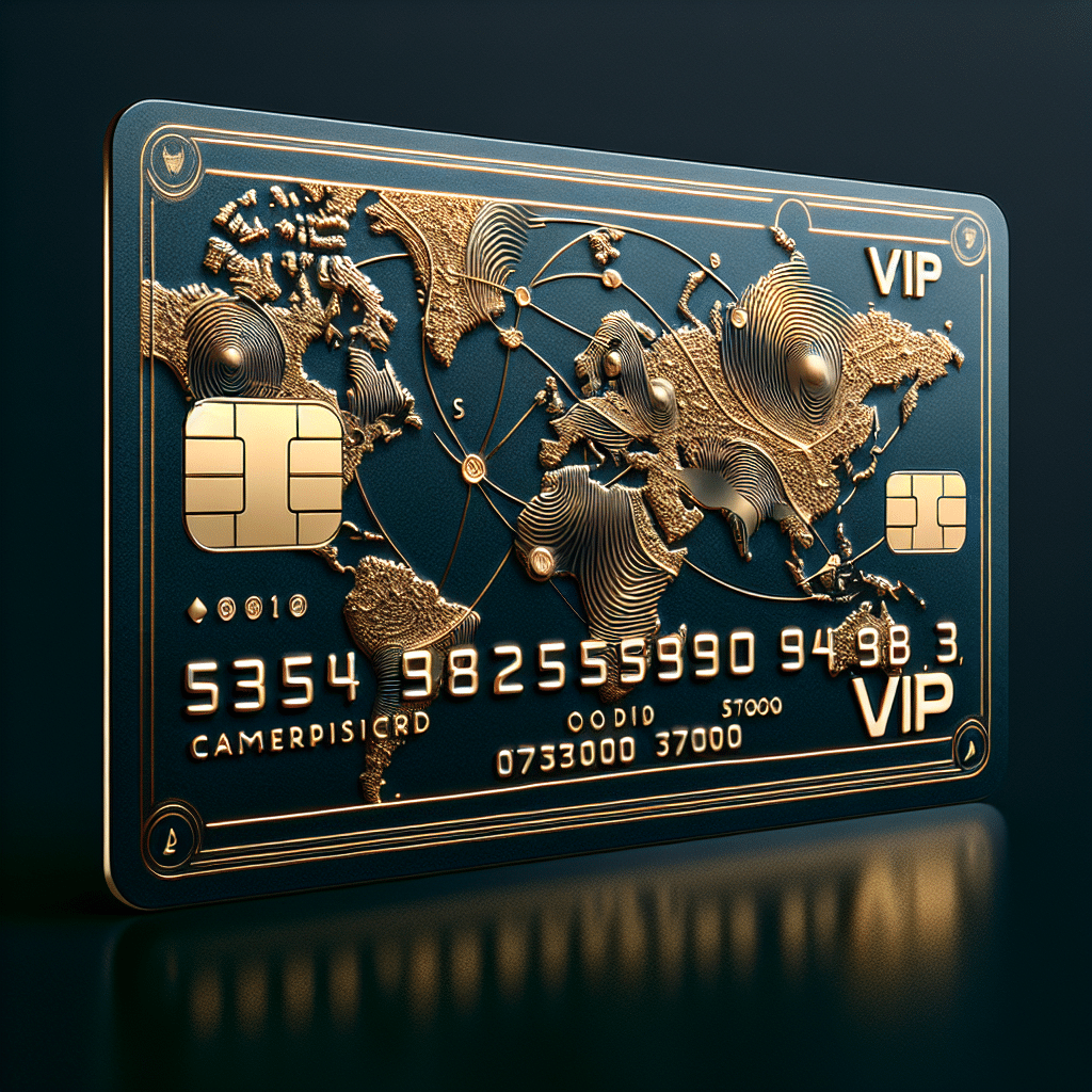 A luxurious, glossy VIP credit card with embossed numbers and a world map in the background, symbolizing global access