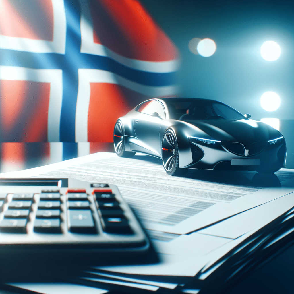 A sleek, modern car with paperwork and a calculator symbolizing financing and loans in the foreground, with a Norwegian flag softly in the background.