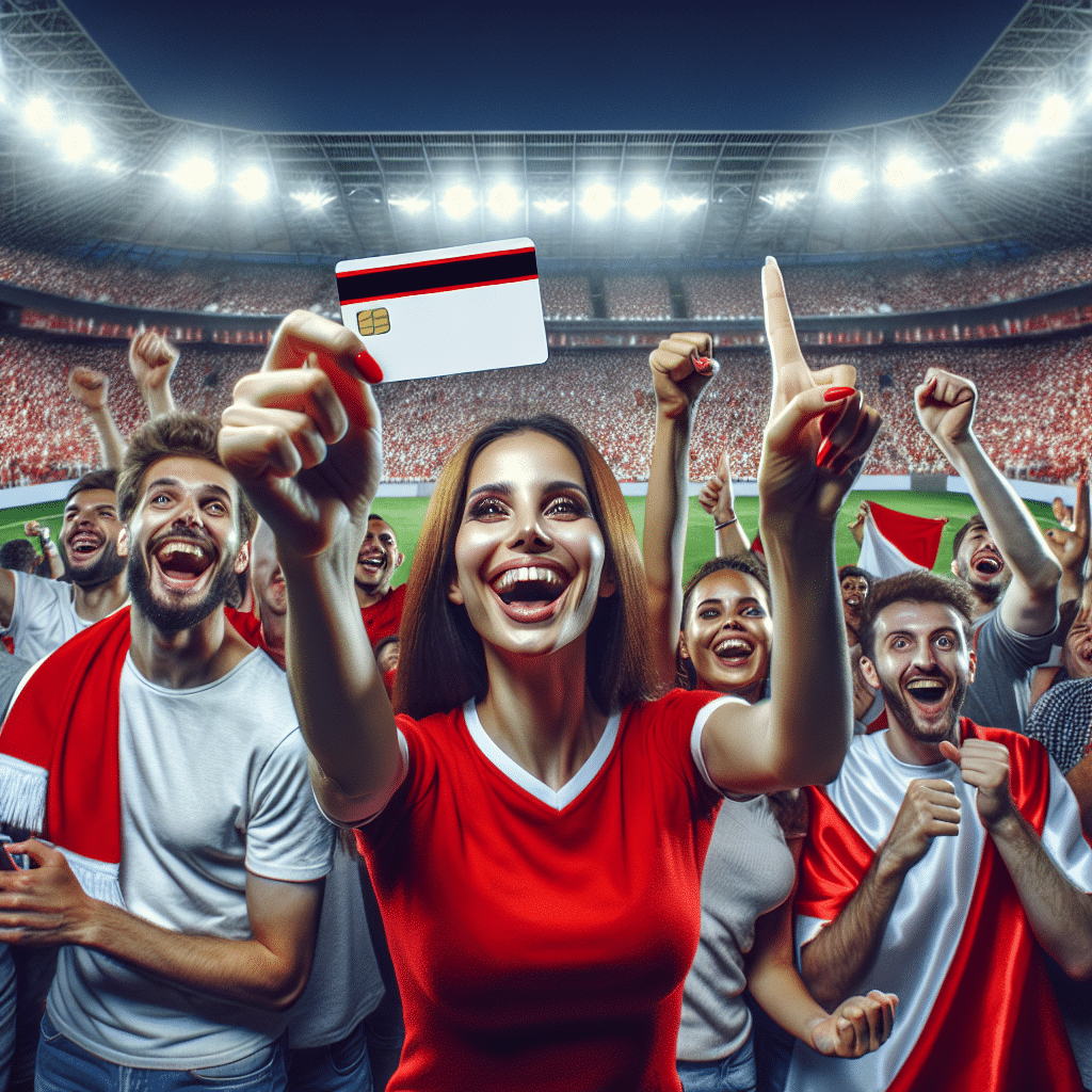 Manchester United fans celebrating a win, with a focus on a fan holding the Manchester United Visa card, in the stadium