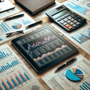 An office desk with financial documents, a calculator, and a digital tablet displaying graphs and charts