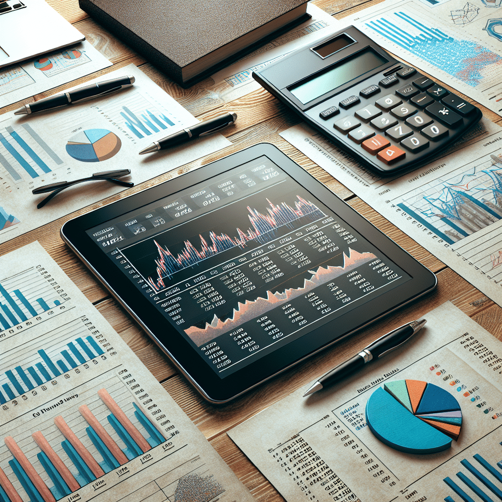 An office desk with financial documents, a calculator, and a digital tablet displaying graphs and charts