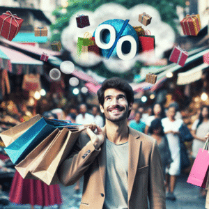 A happy shopper holding bags full of goods with a bubble showing a percentage symbol to represent savings from discounts.