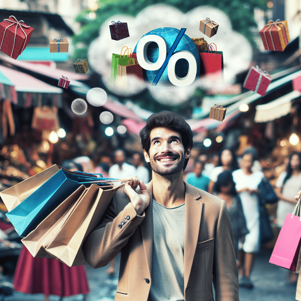 A happy shopper holding bags full of goods with a bubble showing a percentage symbol to represent savings from discounts.