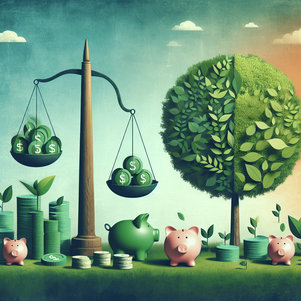 A serene and inviting scene showcasing financial freedom, with elements symbolizing smart consumption, savings, and environmental consciousness.