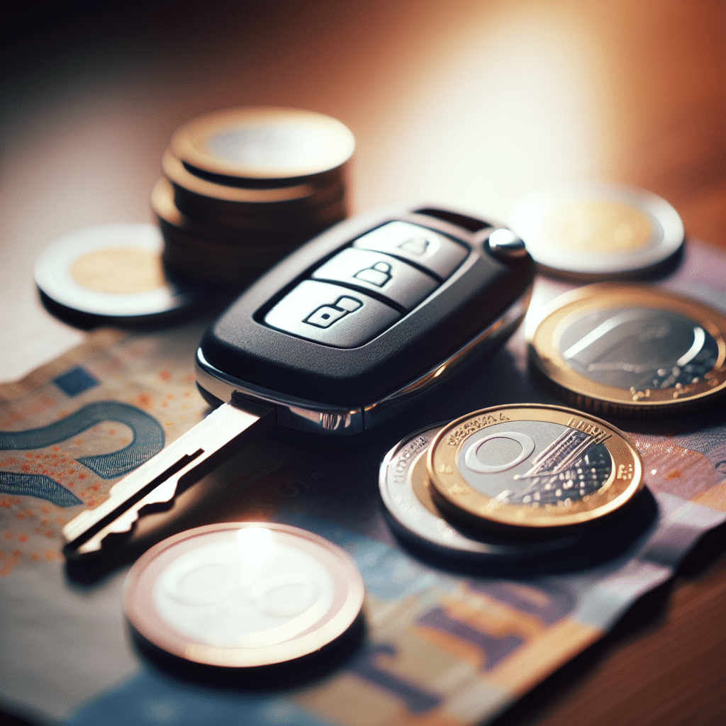 En bilnøkkel og flere norske kroner ligger på et bord, med fokus på mulighetene og valgene involvert i finansiering av bilkjøp.
