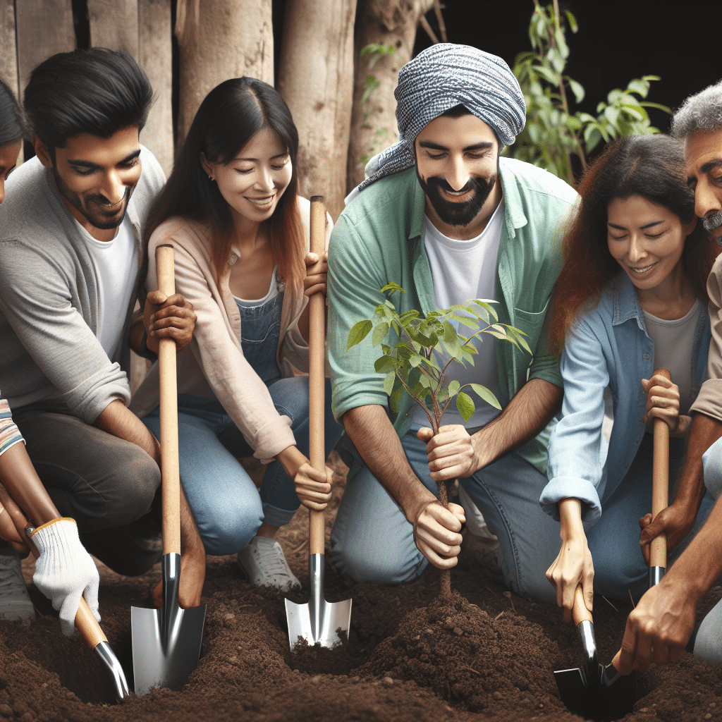En gruppe mennesker som planter trær sammen, symboliserer samarbeid for en bærekraftig fremtid