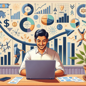 Visualize a person happily managing their finances on a laptop, with symbols representing flexibility and growth around them.