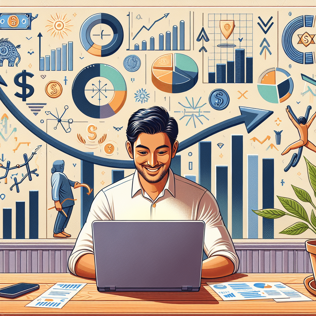 Visualize a person happily managing their finances on a laptop, with symbols representing flexibility and growth around them.