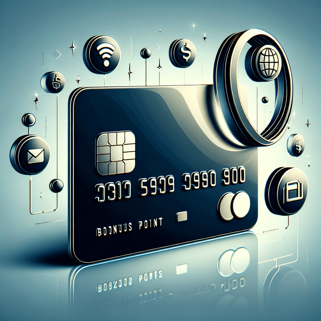 A sleek and modern credit card with features icons representing cashback, bonus points, and global acceptance floating around it.