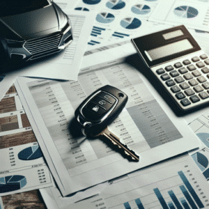 A sleek, modern car key on top of financial documents and a calculator, symbolizing the financing of a new car