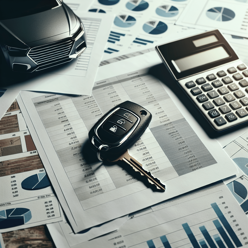 A sleek, modern car key on top of financial documents and a calculator, symbolizing the financing of a new car