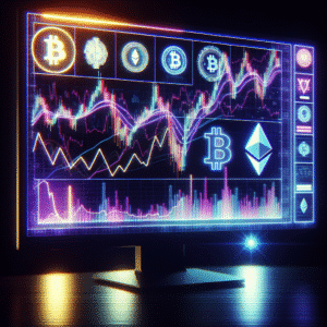 En glødende dataskjerm med grafikk av kryptovalutadiagrammer og symboler