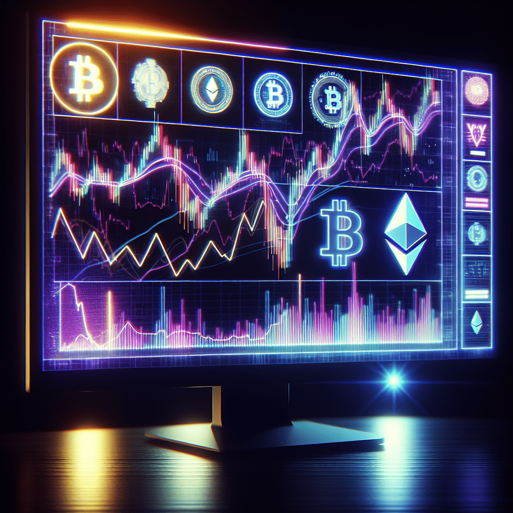 En glødende dataskjerm med grafikk av kryptovalutadiagrammer og symboler