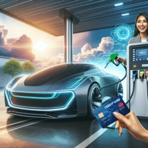 A sleek, modern car filling up at a Shell gas station, with a happy customer holding a Shell MasterCard, seen in a vibrant and positive light.