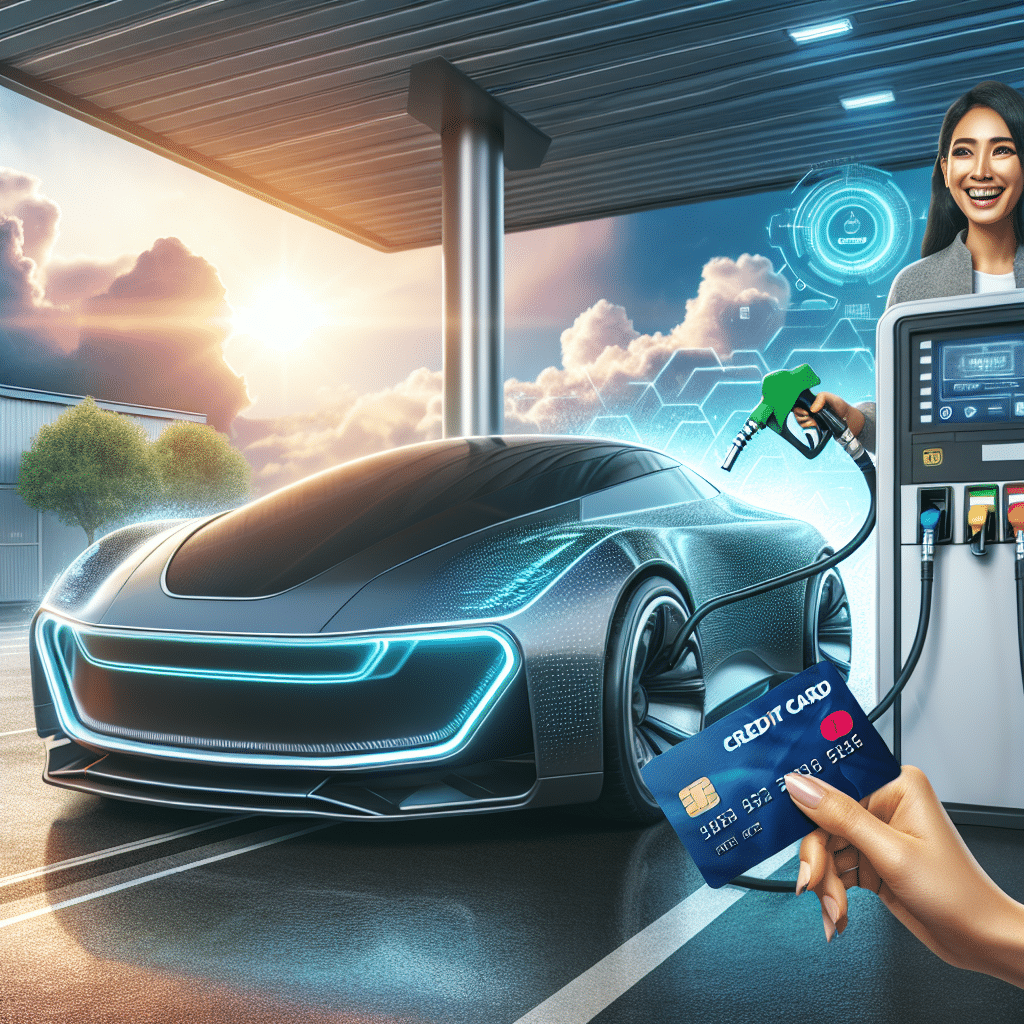 A sleek, modern car filling up at a Shell gas station, with a happy customer holding a Shell MasterCard, seen in a vibrant and positive light.