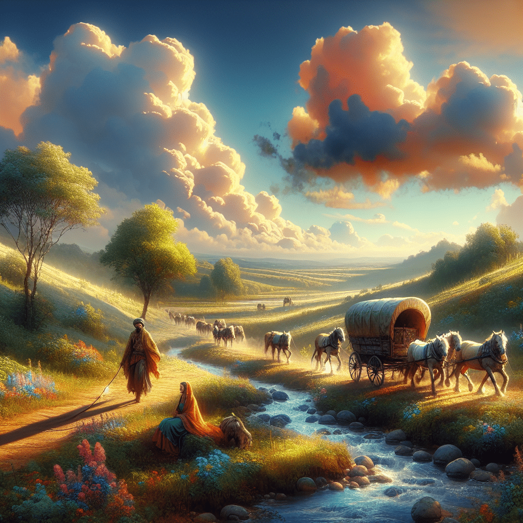 A scenic image of a caravan journeying through a picturesque landscape under a bright sky, symbolizing adventure and financial freedom.