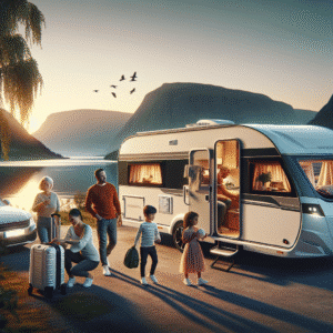 Moderne caravan parkert ved fjord i solnedgang, realistisk foto, familie forbereder tur, økonomisk tema