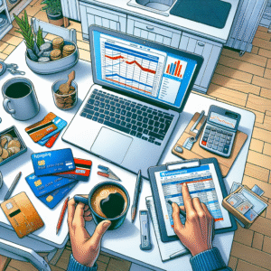 Oversiktlig bilde av en norsk husholdning som organiserer økonomi ved kjøkkenbordet: kredittkort (inkludert et re:member-kort), laptop med budsjettark, kaffekopp og notatblokk, moderne og lys stil.