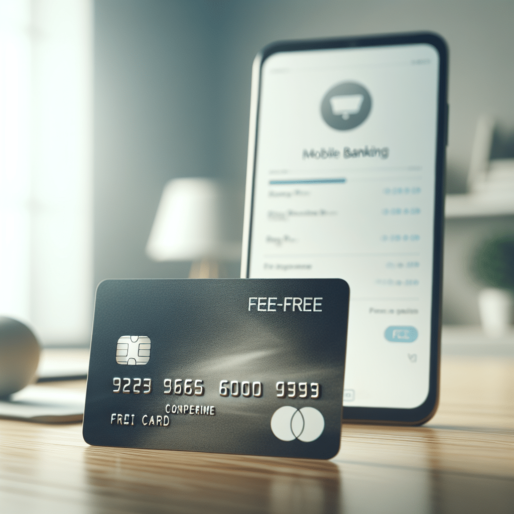 Nærbilde av et moderne gebyrfritt Credits Visa-kort på et trebord med en mobilbankapp på skjermen i bakgrunnen, lys og profesjonell stil