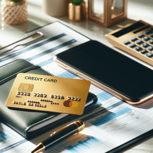 Elegant gullfarget kredittkort på skrivebord ved siden av budsjettark og smarttelefon, moderne og profesjonelt, lys bakgrunn