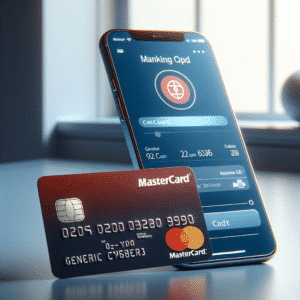 En moderne, trygg scene med et Komplett Bank MasterCard-kort på et bord ved siden av en mobil med bank-app, nøkterne farger og profesjonelt design
