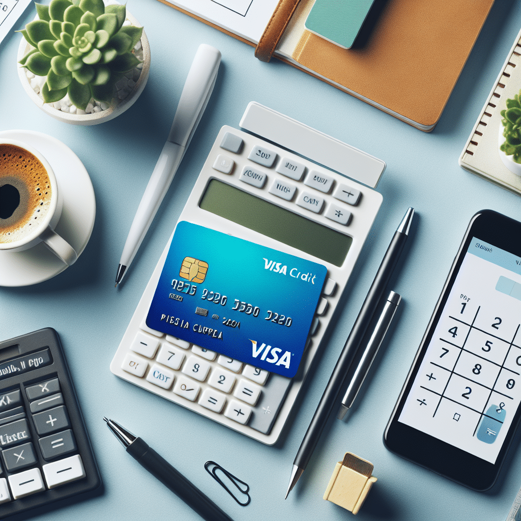 Et moderne Credits Visa-kredittkort liggende ved siden av en smarttelefon, kalkulator og en kopp kaffe på et lyst skrivebord i nordisk stil