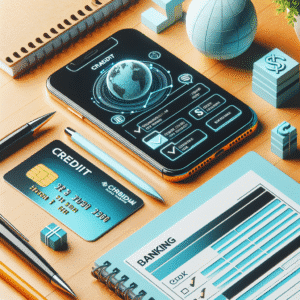 Nærbilde av et kredittkort, notatblokk med økonomisk sjekkliste og en smarttelefon med bankapp, lys og moderne stil