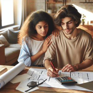 Ung studentpar som ser på plantegninger i en lys leilighet, med kalkulator og laptop på bordet, realistisk stil, varm fargetone, nordisk boligsetting