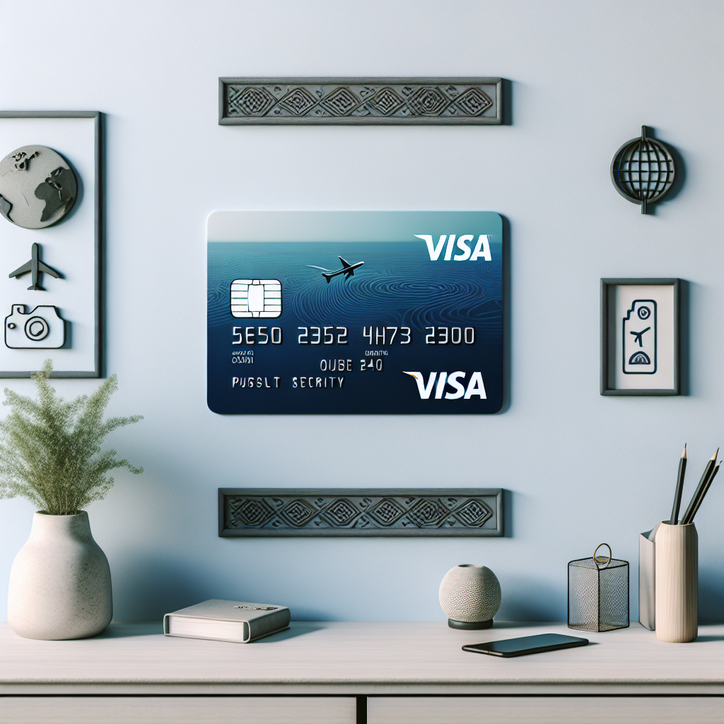 Minimalistisk bilde av et visakredittkort på et nordisk skrivebord, dempede blå og grønne toner, ikoner for reise og sikkerhet rundt kortet