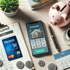 Oversiktsbilde av økonomisk sparing: smarttelefon med rabattapper, kreditkort, sparebøsse og kalender på skrivebord, lys og moderne stil