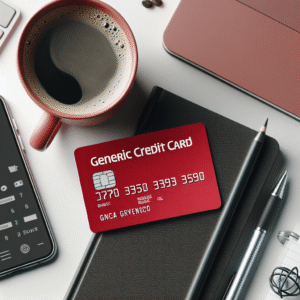 Nært bilde av et rødt Santander-kredittkort på et skrivebord med mobil, notatbok og en kopp kaffe, moderne og rent uttrykk