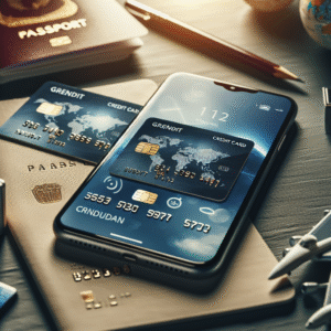 Nærbilde av et moderne Gjensidige MasterCard på et bord ved siden av en smartphone som viser bankapp, med reiseelementer i bakgrunnen (pass, boardingkort), lys, profesjonelt